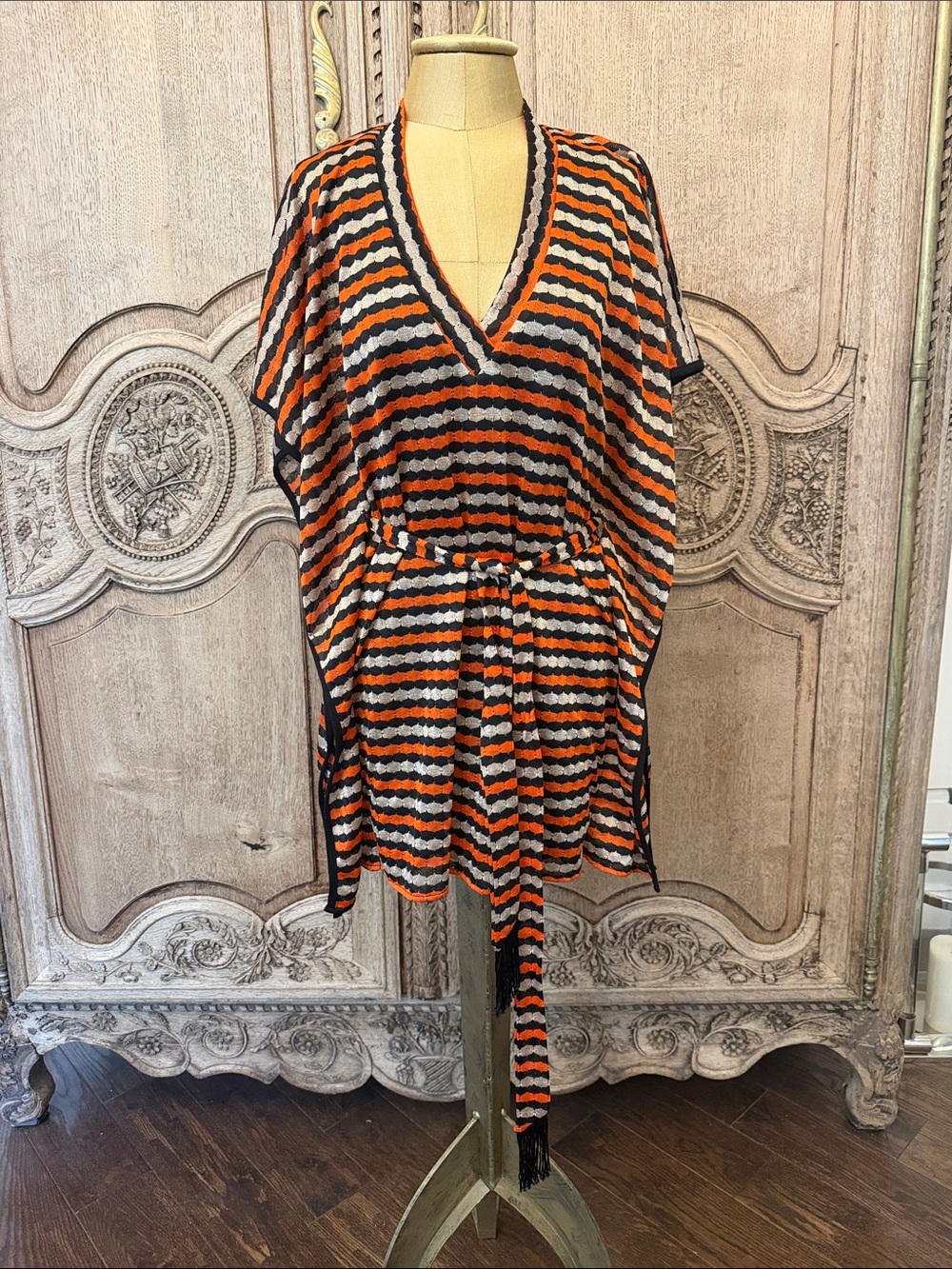 Karina Grimaldi Orange, Black & Gold Striped Mini Dress